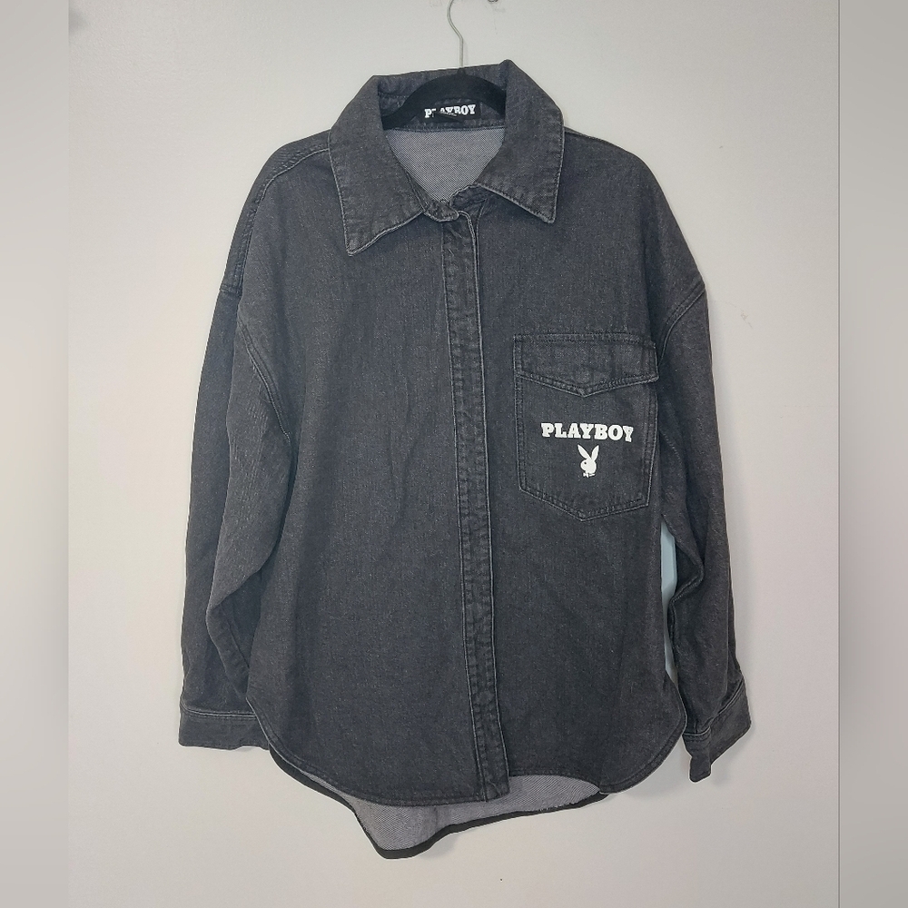 PLAYBOY Charcoal Casual Button Down Trucker Oversized Long Sleeve Medium
